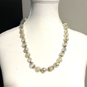 Vintage Faux Pearl Clear Faceted Bead Gold Spacers Necklace